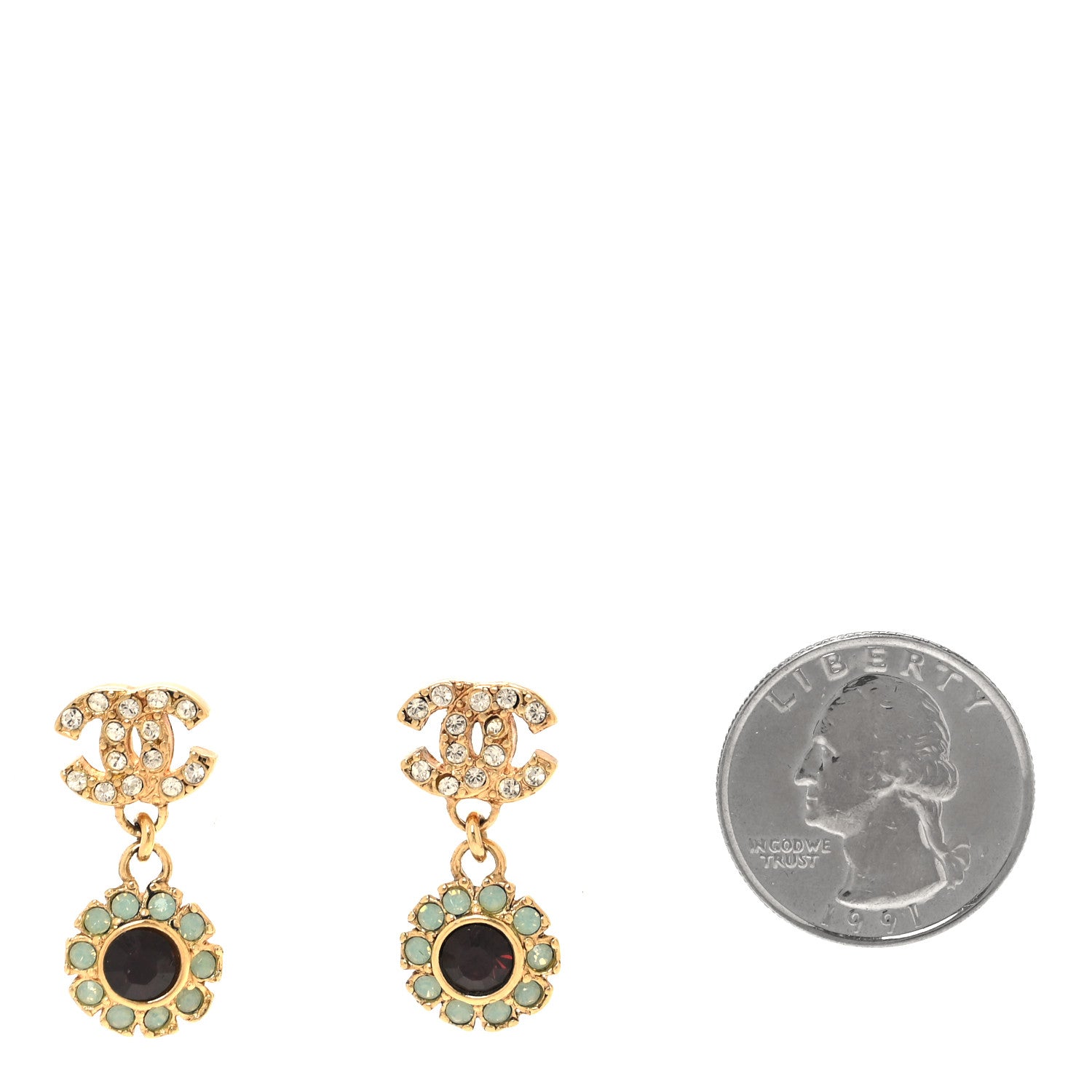 Chanel Metal Crystal CC Flower Drop Earrings Gold 2 of 5