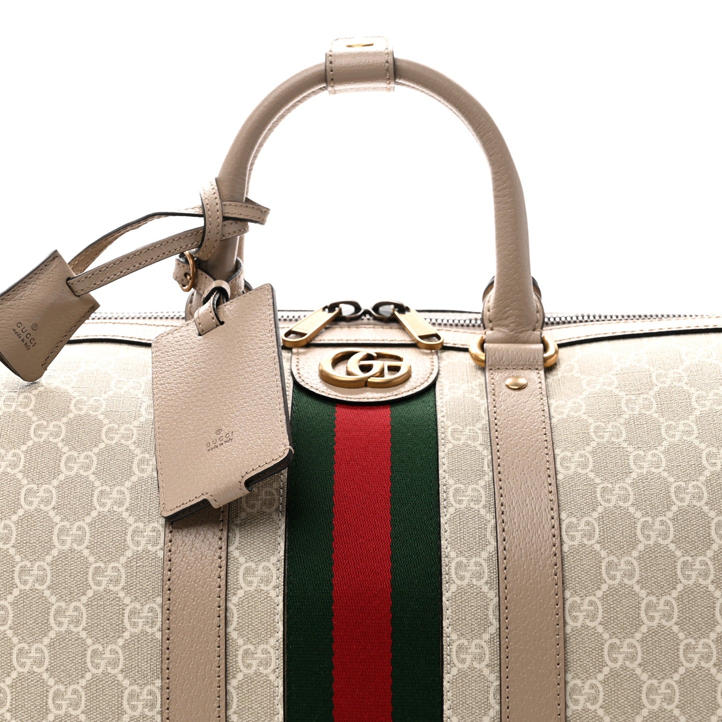 GG Supreme Monogram Textured Dollar Calfskin Web Medium Savoy Duffle Bag Beige Mystic White Oatmeal