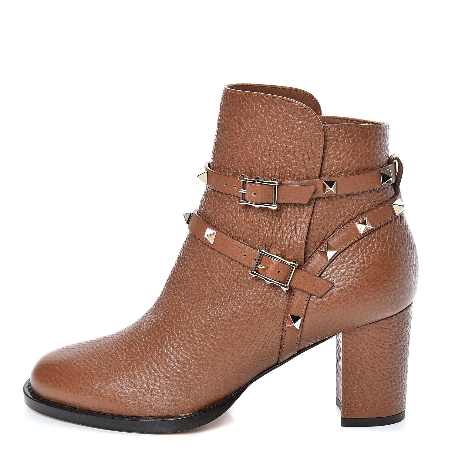 Valentino Garavani Pebbled Calfskin Rockstud Double Buckle 70mm Block Heel Ankle Boots 37 Tobacco 1 of 9