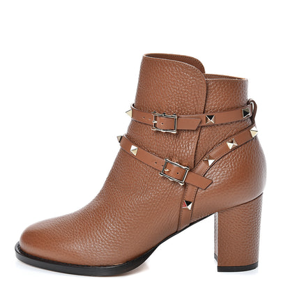 Valentino Garavani Pebbled Calfskin Rockstud Double Buckle 70mm Block Heel Ankle Boots 37 Tobacco 1 of 9