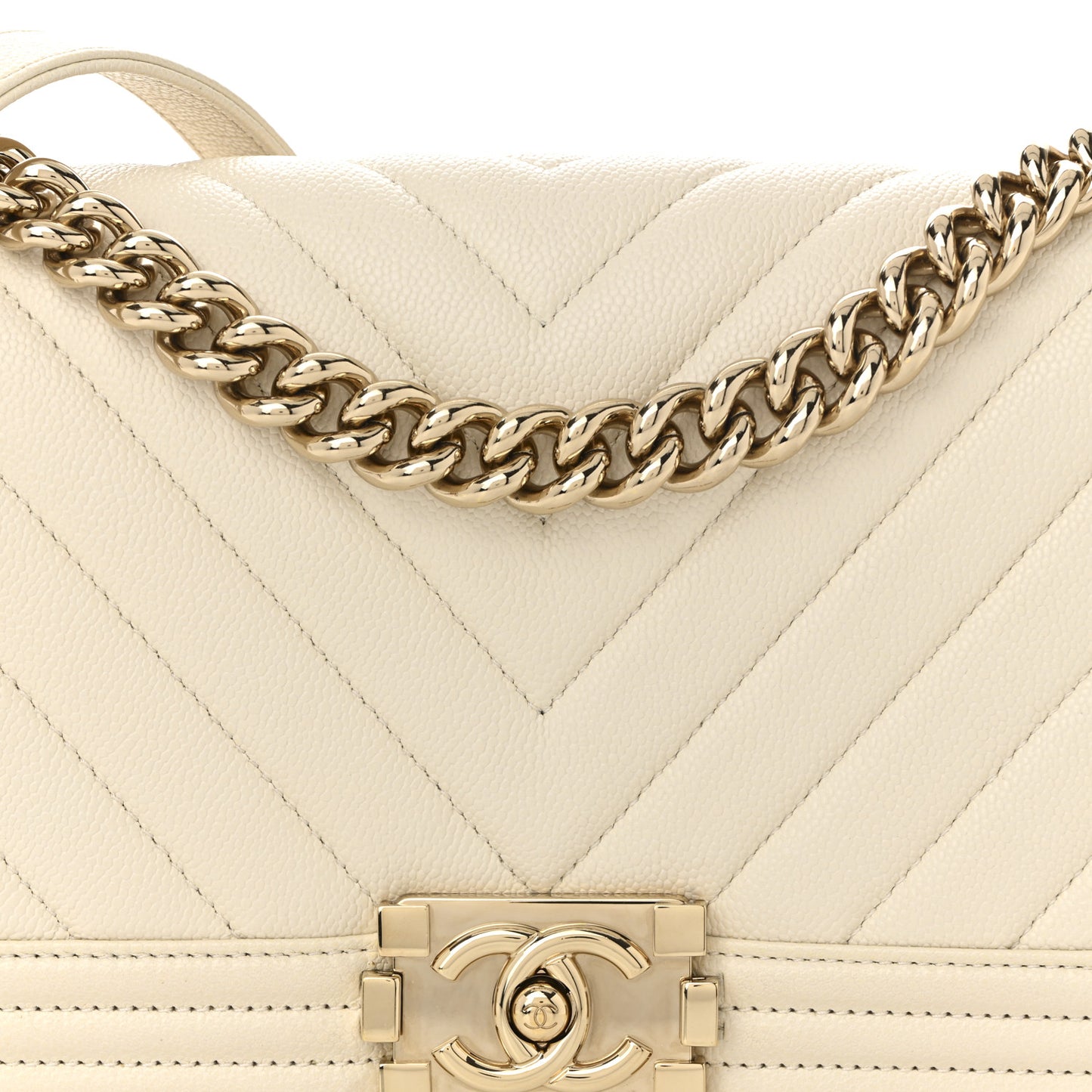 Caviar Chevron Quilted Medium Boy Flap White