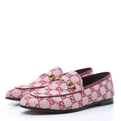 Gucci Canvas GG Monogram Horsebit Womens Jordaan Loafers 38.5 Gardenia Hibiscus Red 1 of 8