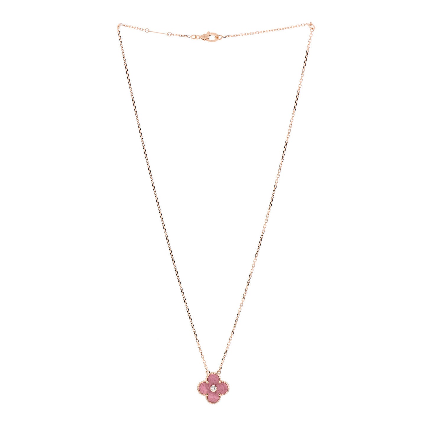 18K Rose Gold Diamond Rhodonite Vintage Alhambra Pendant Necklace