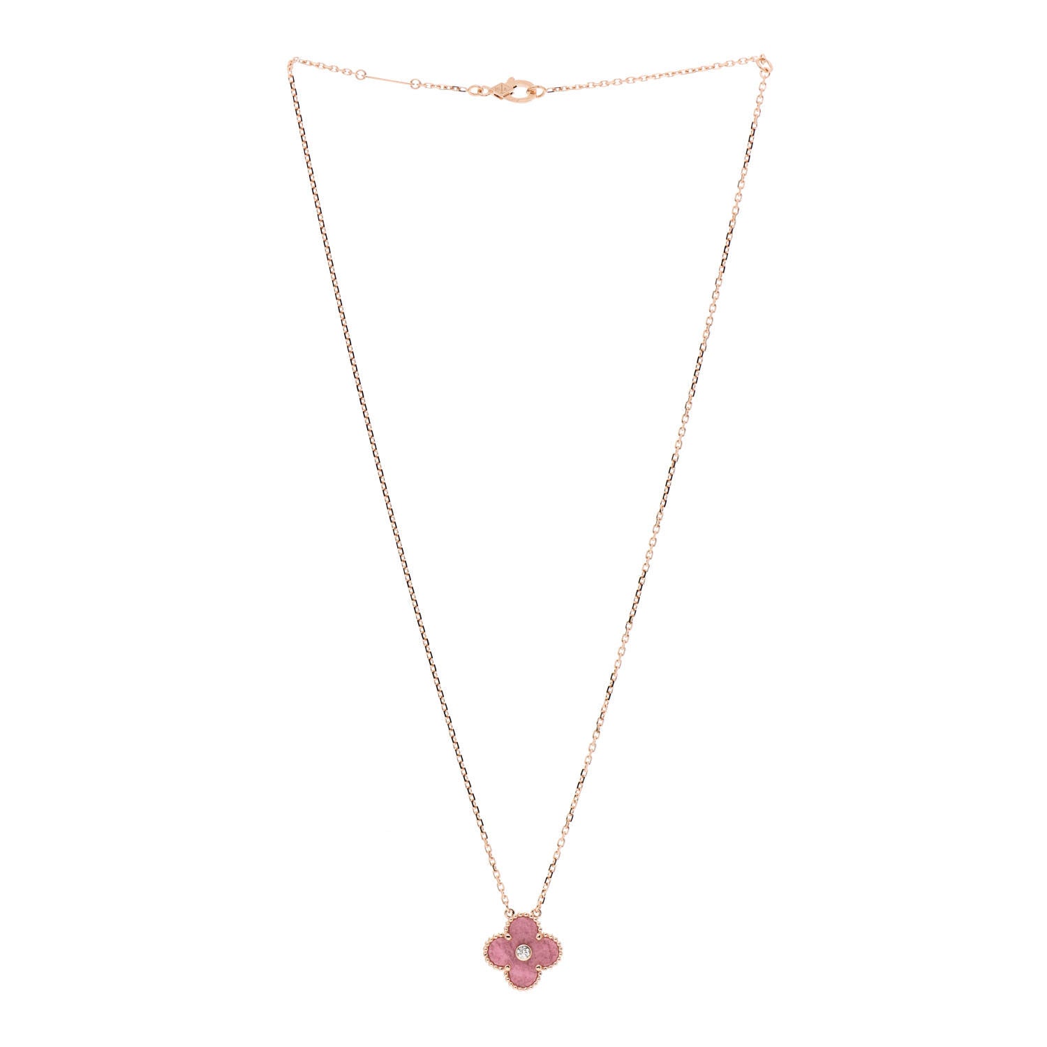 Van Cleef & Arpels 18K Rose Gold Diamond Rhodonite Vintage Alhambra Pendant Necklace 3 of 5