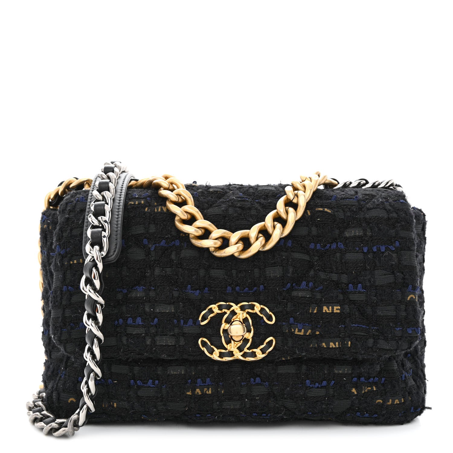Chanel Tweed Quilted Medium Chanel 19 Flap Black Navy Gold 1 of 11