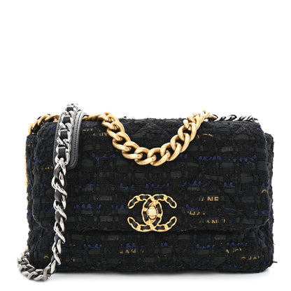 Chanel Tweed Quilted Medium Chanel 19 Flap Black Navy Gold 1 of 11