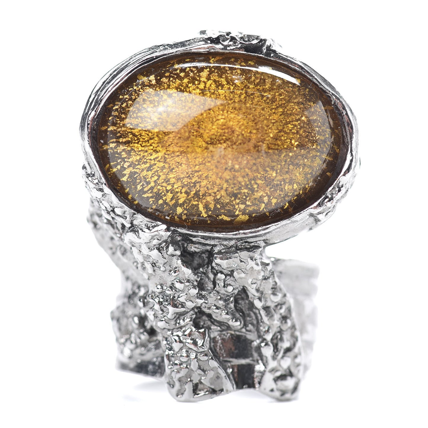 Glass Cabochon Arty Ovale Ring 8 Silver Yellow