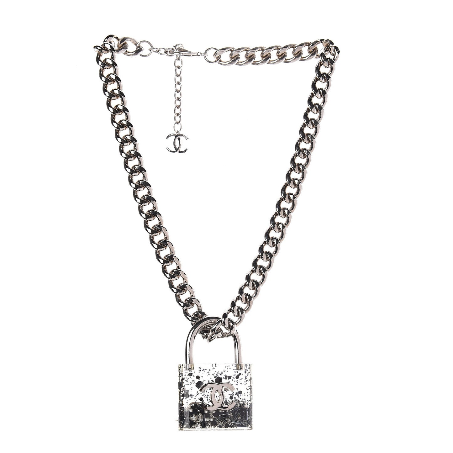 Resin CC Oversized Padlock Chain Necklace Silver Pearly White