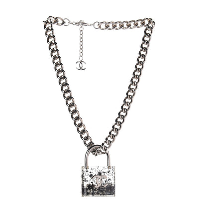 Chanel Resin CC Oversized Padlock Chain Necklace Silver Pearly White 3 of 5