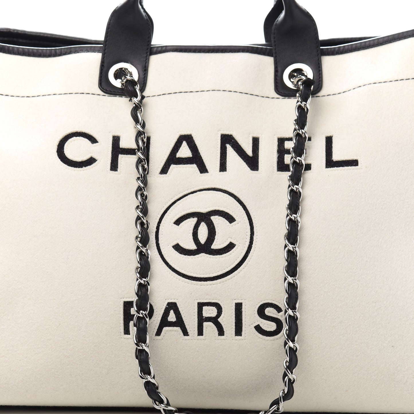 Wool Felt Calfskin Large Deauville Tote Black White