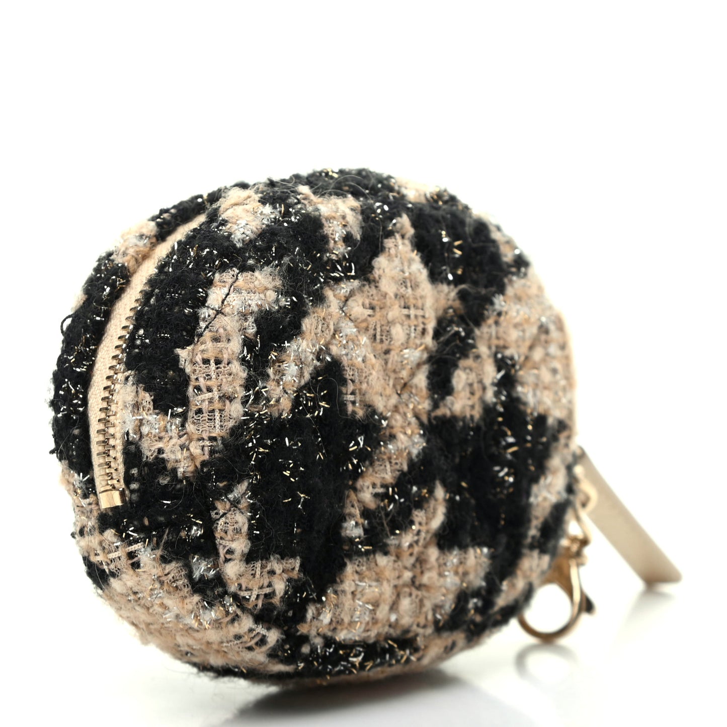 Wool Tweed Quilted Round Clip On Coin Purse Beige Black