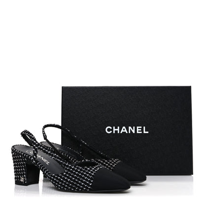 Chanel Tweed Grosgrain Cap Toe CC Slingback Pumps 40.5 Black White 11 of 11