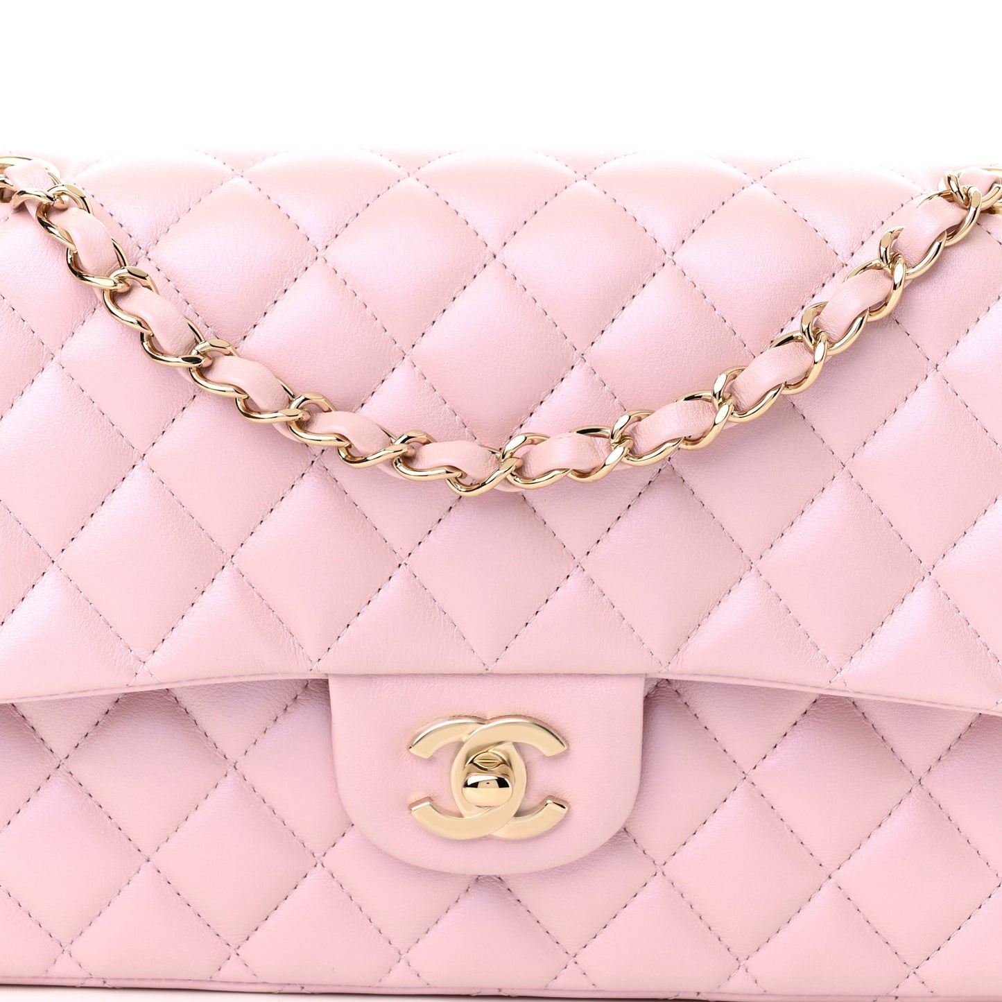Iridescent Calfskin Quilted Medium Double Flap Light Pink