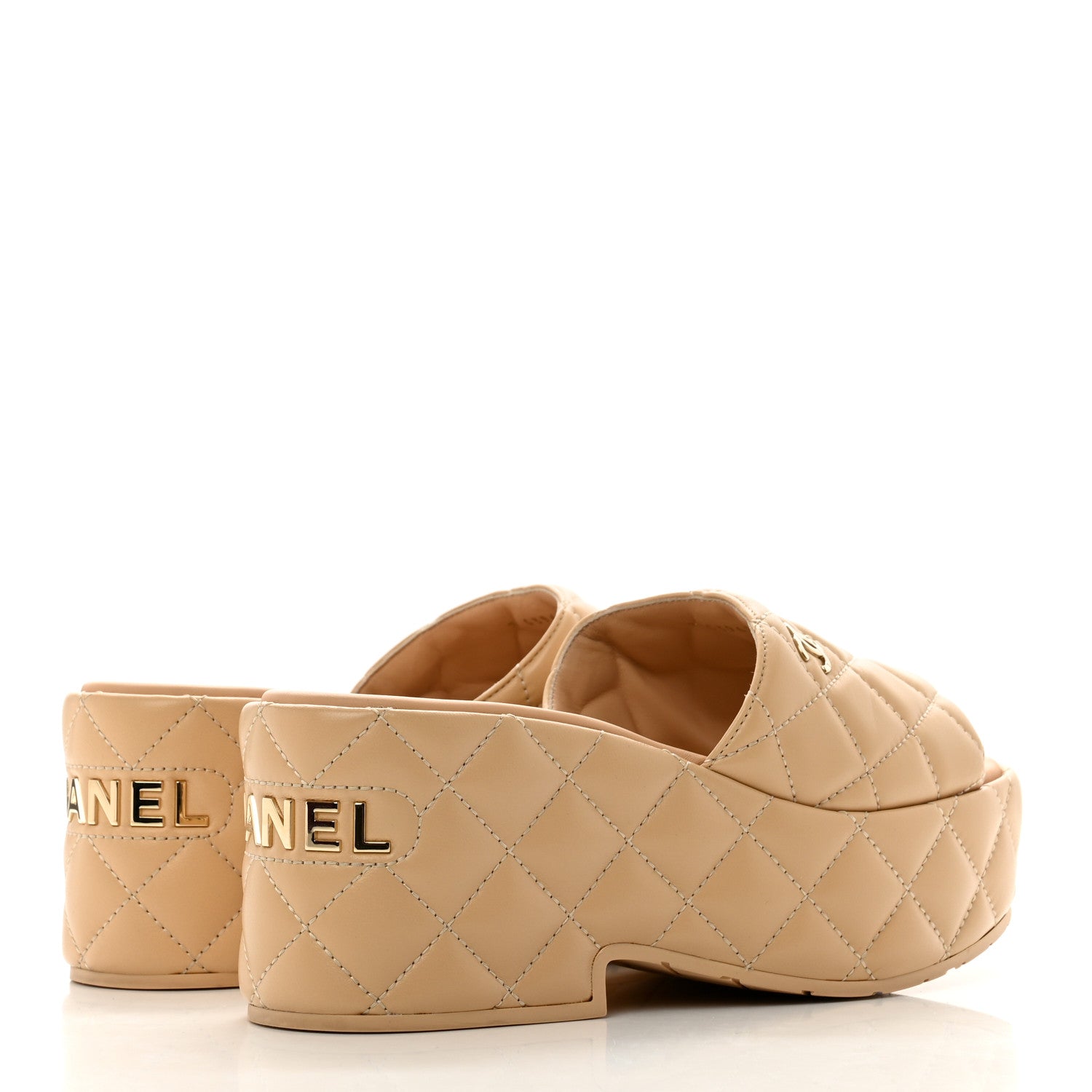Chanel Lambskin Quilted CC Mules Wedge Sandals 38 Beige 4 of 8
