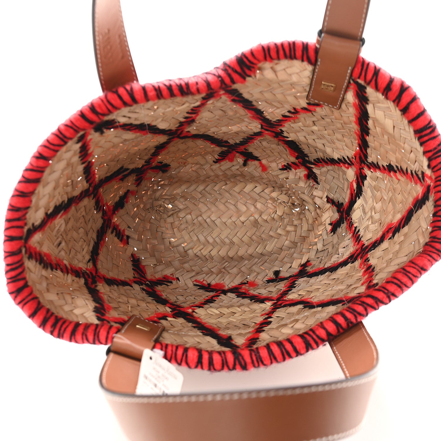 Loewe Embroidered Raffia Basket Tote Bag Natural Tan Red 5 of 8