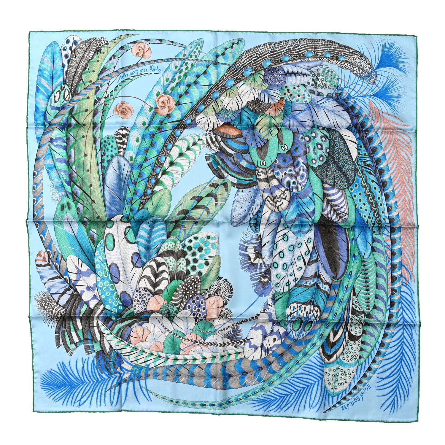 Hermes Silk Plumes En Fete Scarf 90 Ciel Vert Brun 1 of 5