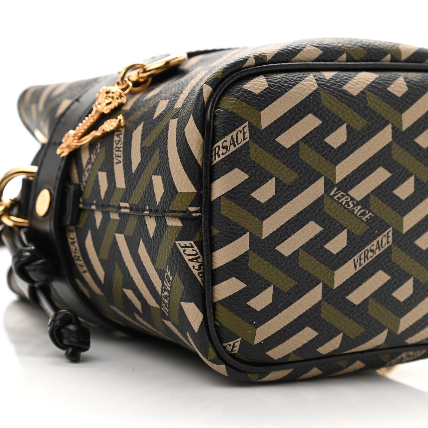 Versace Coated Canvas La Greca Mini Bucket Bag Black Green Beige 8 of 9