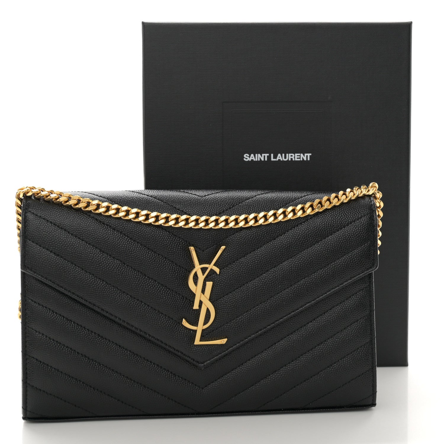 Saint Laurent Grain De Poudre Matelasse Chevron Monogram Chain Wallet Black 11 of 11