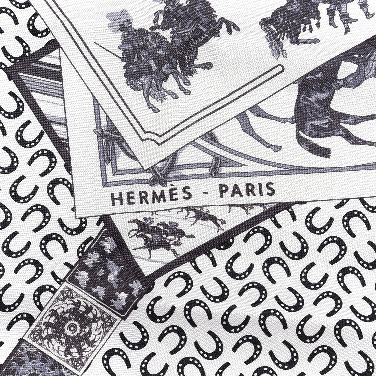 Hermes Silk A Cheval Sur Mon Carre Scarf 90 Black White Gris 2 of 4