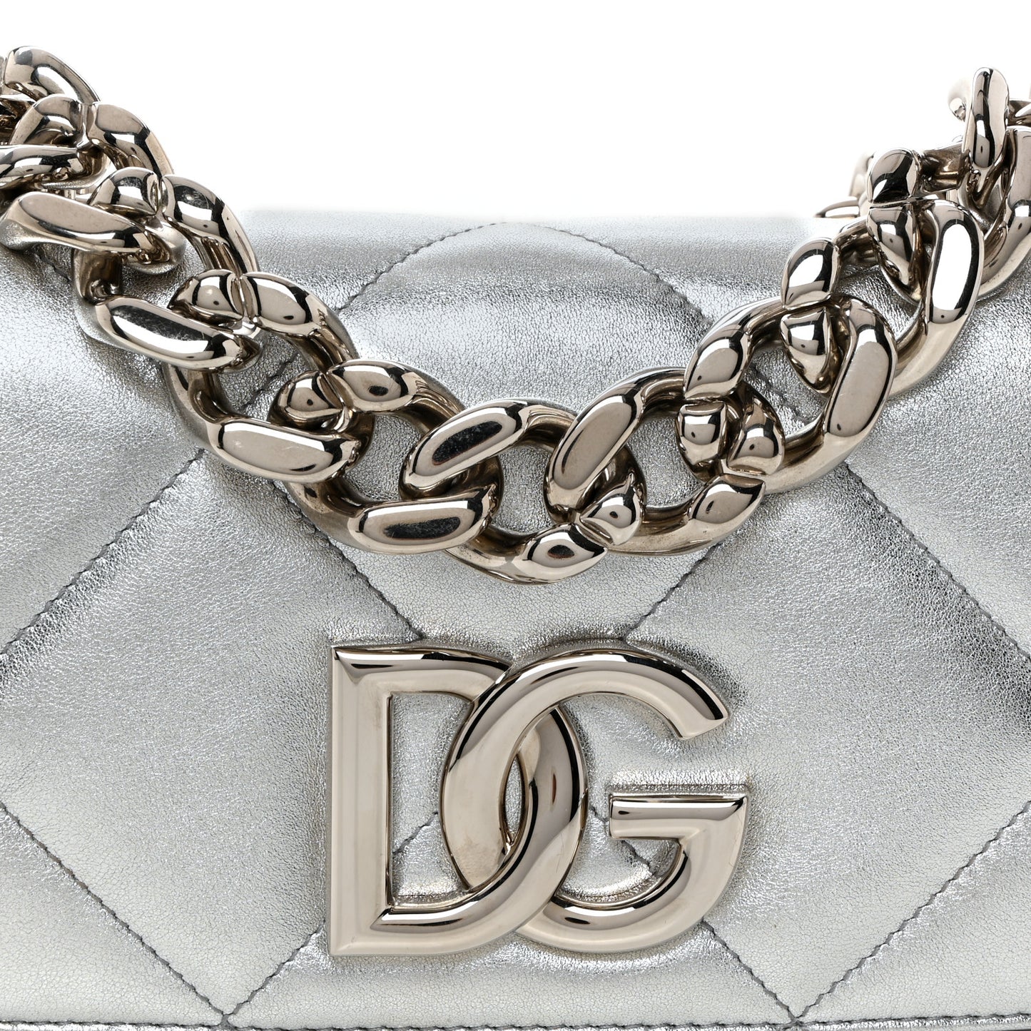 DOLCE GABBANA Laminato Vitello 3.5 Chain Flap Crossbody Bag Silver