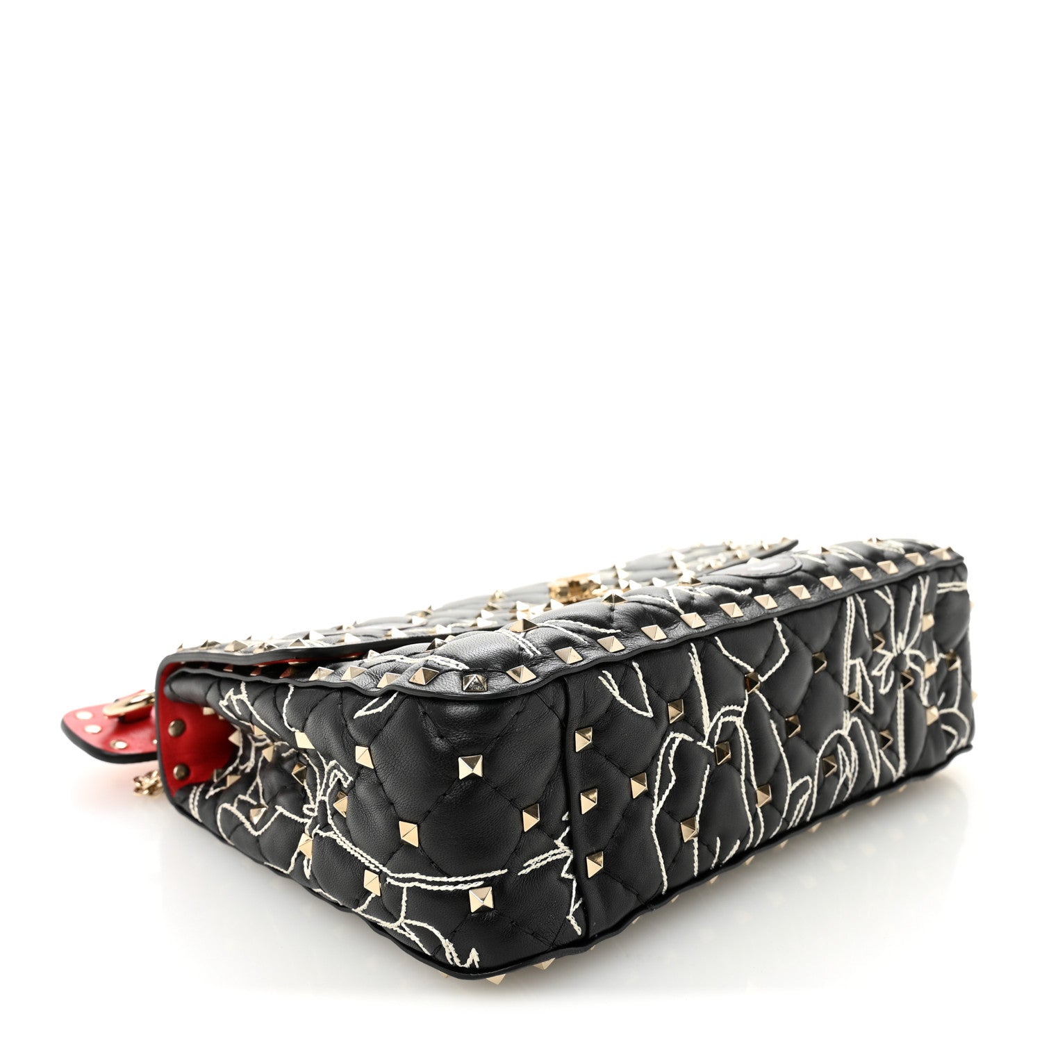 Valentino Garavani Nappa Embroidered Floral Medium Rockstud Spike Shoulder Bag Black Red 4 of 10
