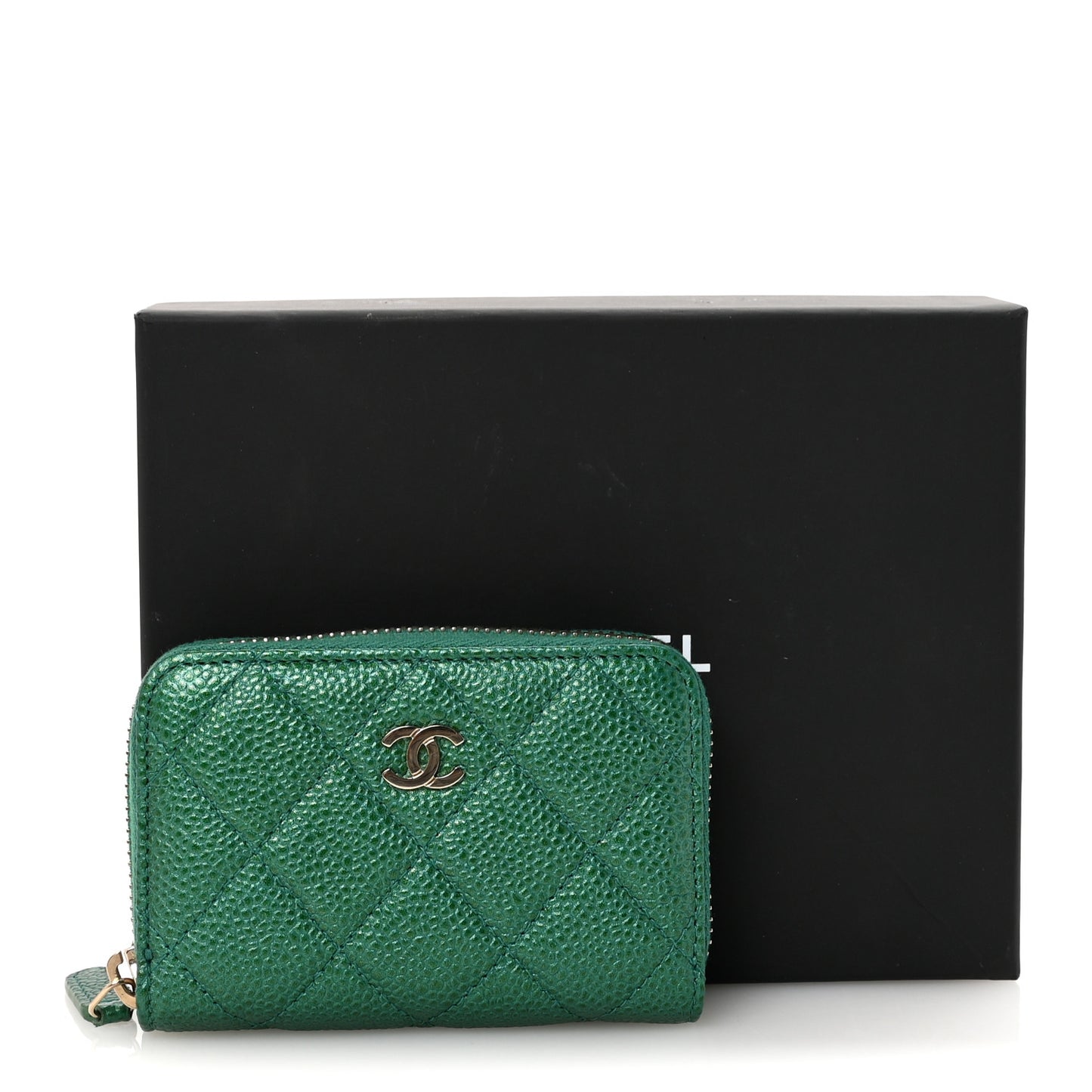 Metallic Caviar Quilted Zip Coin Purse Green