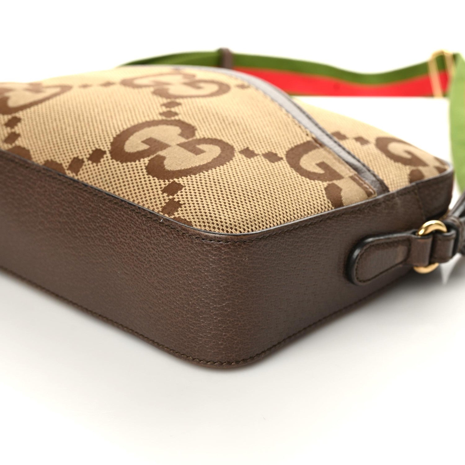 Gucci Monogram Jumbo GG Textured Dollar Calfskin Web Messenger Shoulder Bag Camel Ebony New Acero 6 of 10