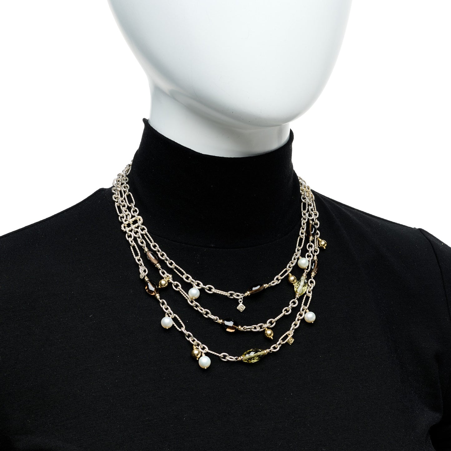 Sterling Silver 18K Yellow Gold Cultured Pearl Citrine Smoky Quartz Multi Strand Necklace