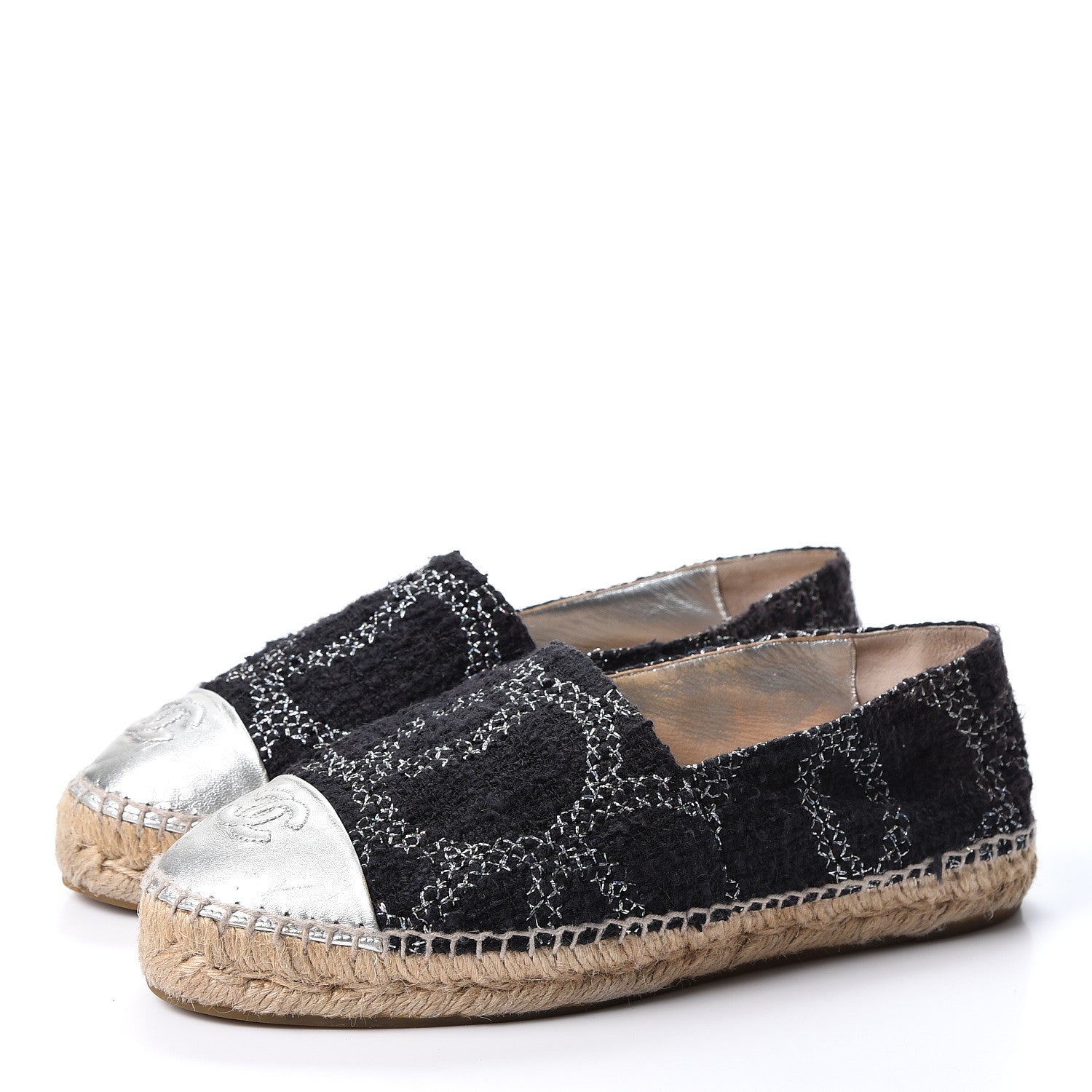 Chanel Tweed Lambskin CC Espadrilles 37 Black Silver 3 of 16