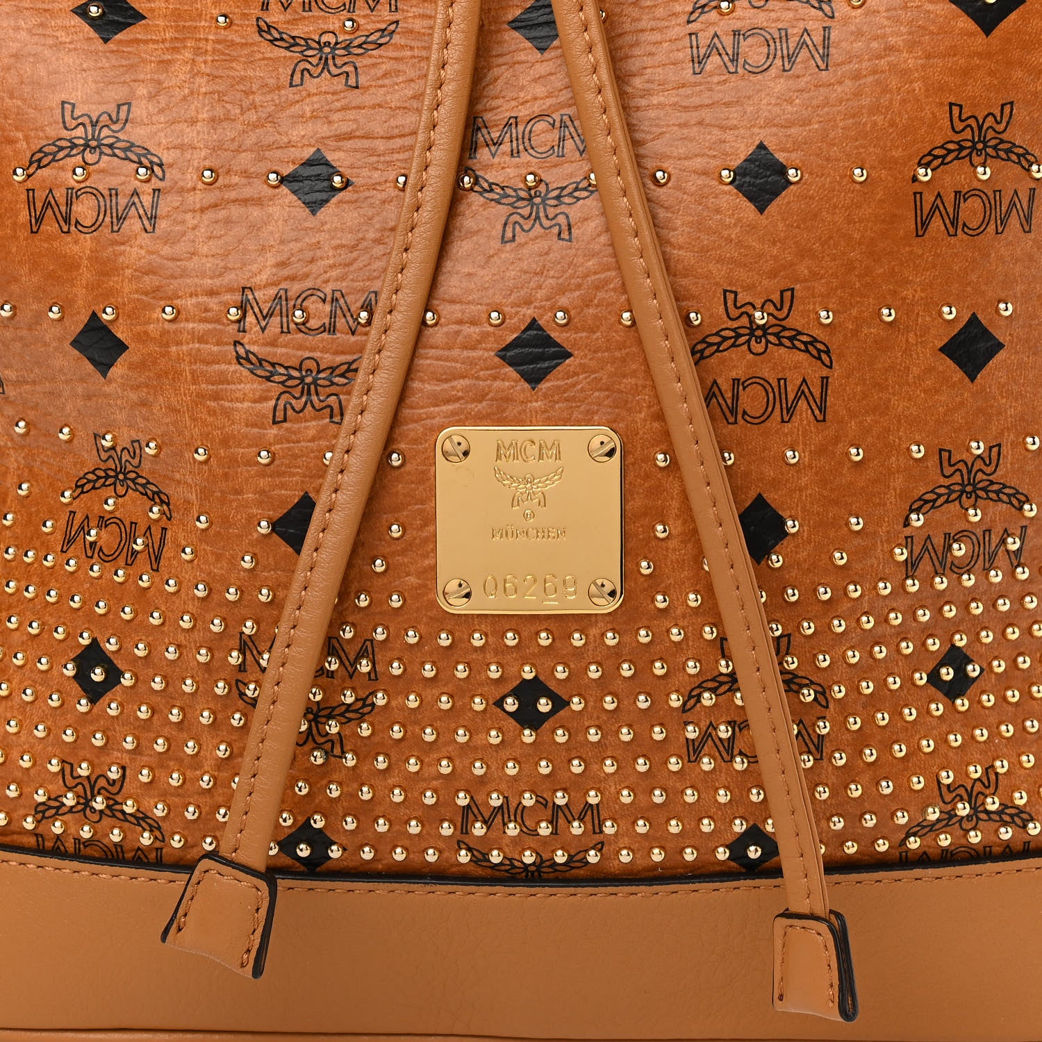 MCM Visetos Heritage Studded Drawstring Bucket Bag Cognac 7 of 10