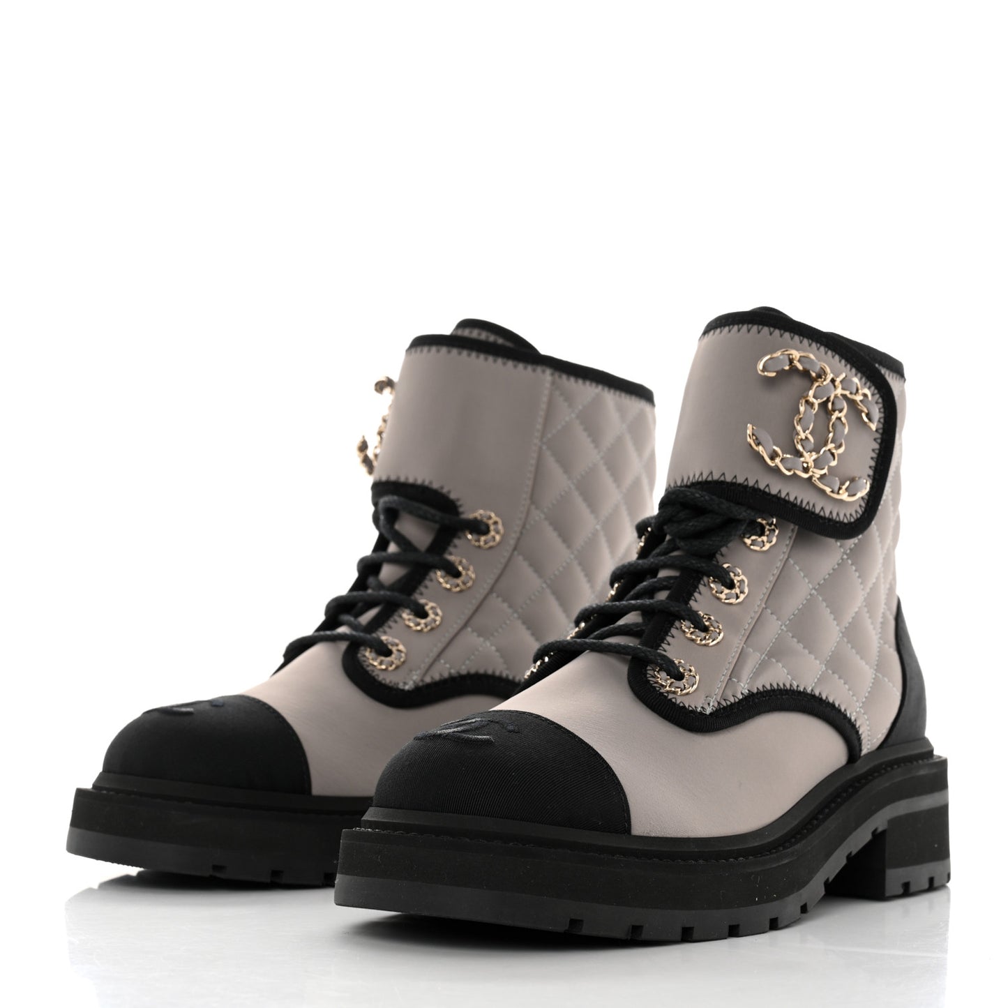 Fabric Grosgrain Quilted Cap Toe Lace Up Combat Boots 35.5 Gray