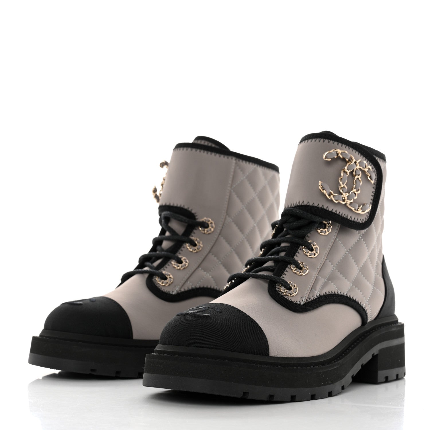 Chanel Fabric Grosgrain Quilted Cap Toe Lace Up Combat Boots 35.5 Gray 3 of 9