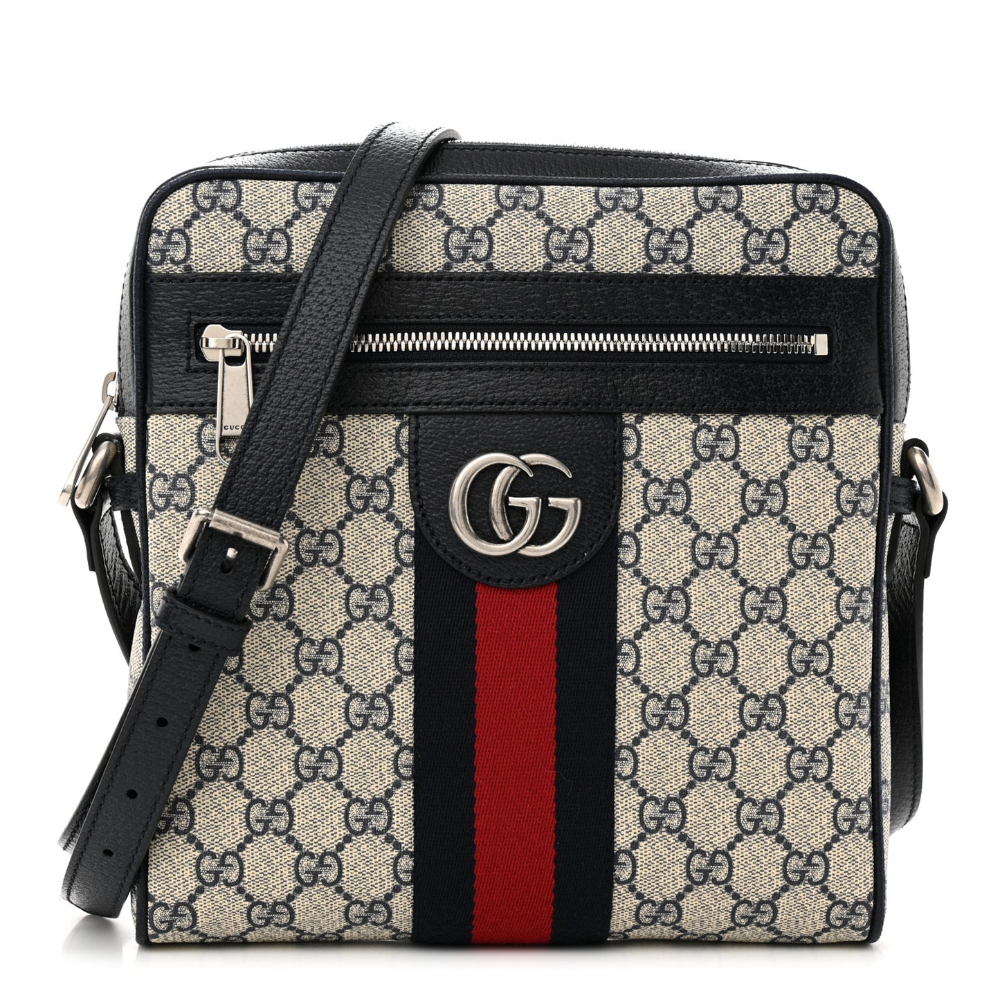 GG Supreme Monogram Textured Dollar Calfskin Web Small Ophidia Messenger Bag Beige Blue