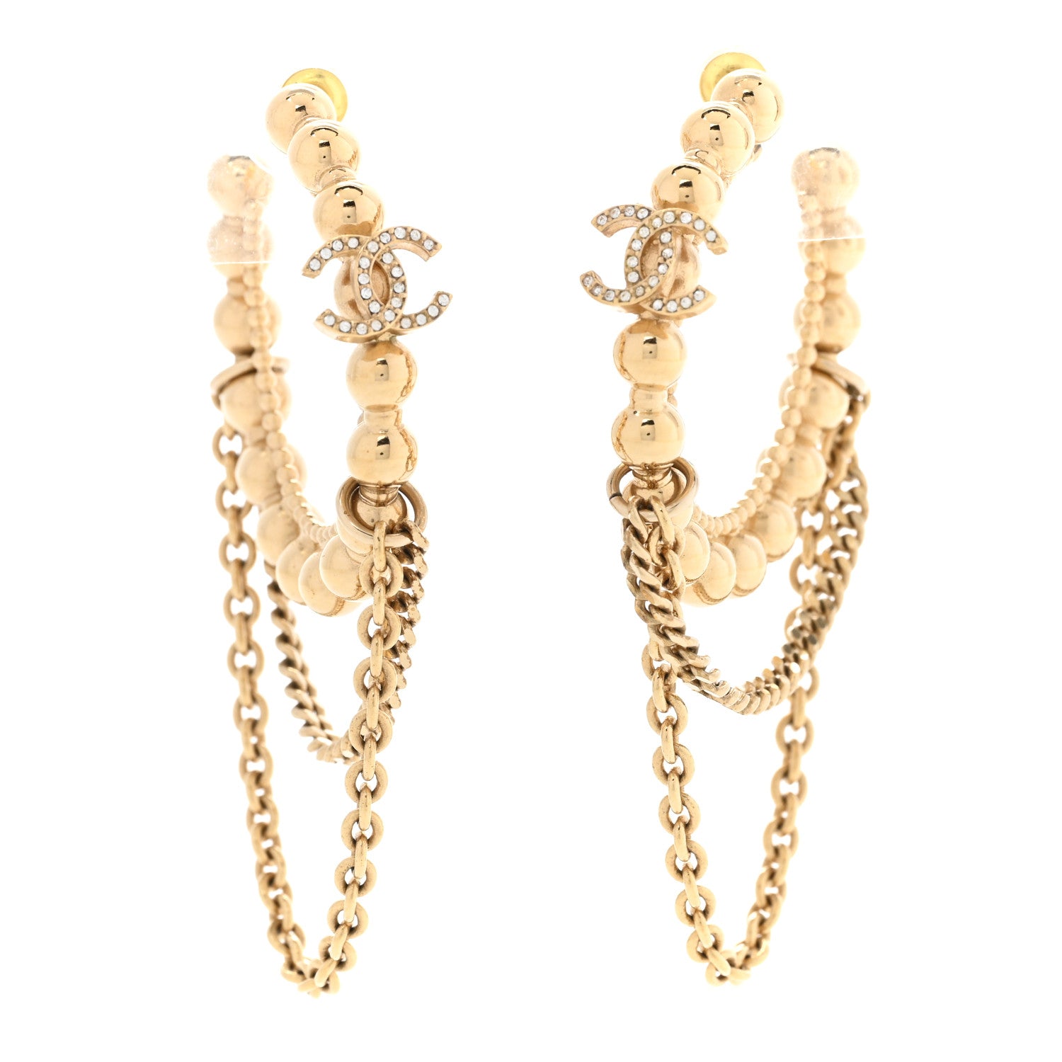 Chanel Metal Crystal Bead Chain CC Hoop Earrings Gold 1 of 4