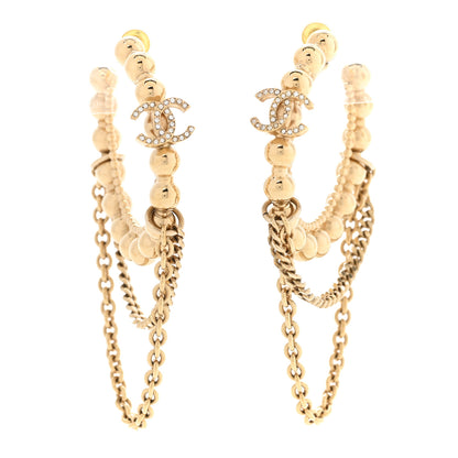 Chanel Metal Crystal Bead Chain CC Hoop Earrings Gold 1 of 4