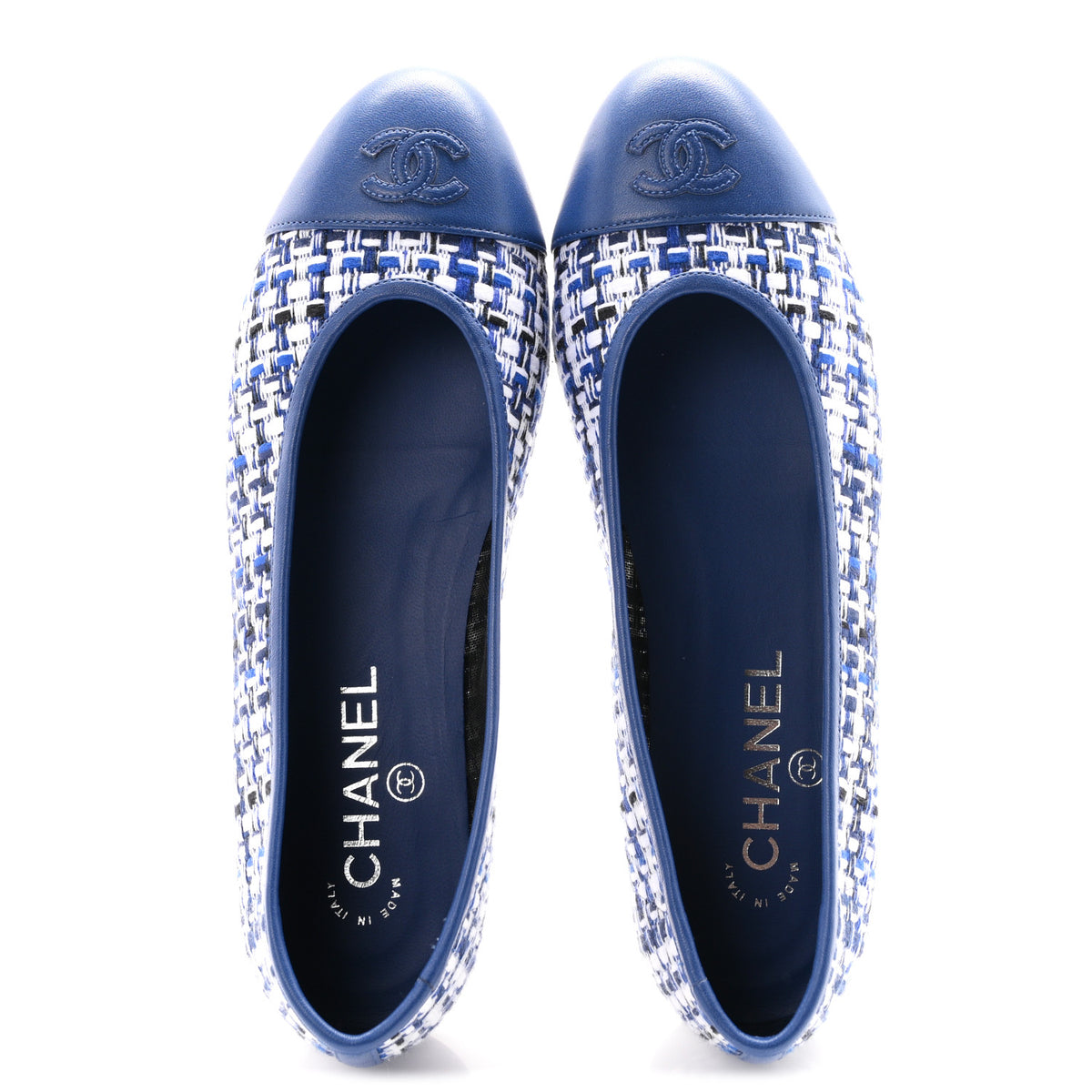Tweed Lambskin CC Cap Toe Ballerina Flats 37.5 White Blue