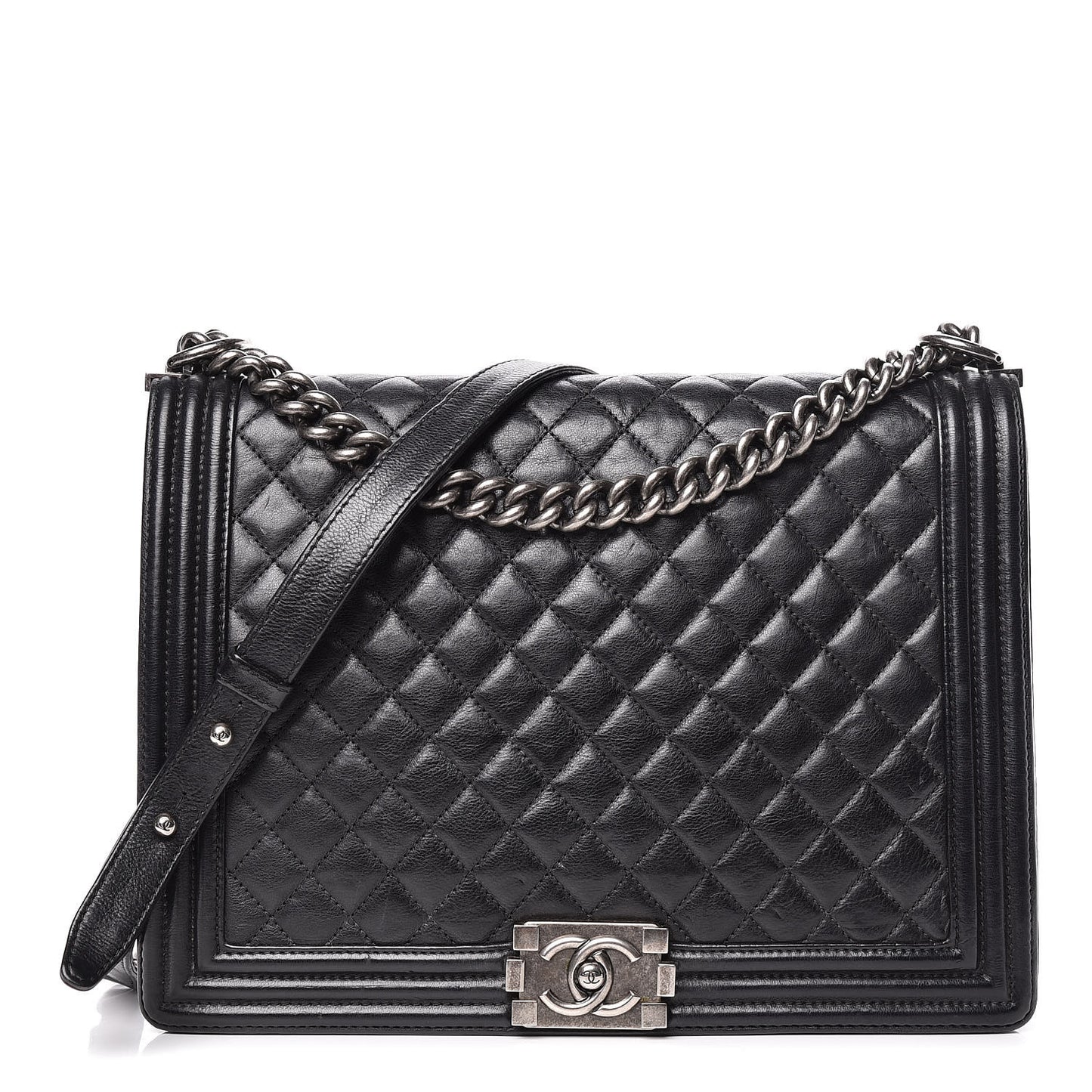 Calfskin Quilted Large Boy Flap Black