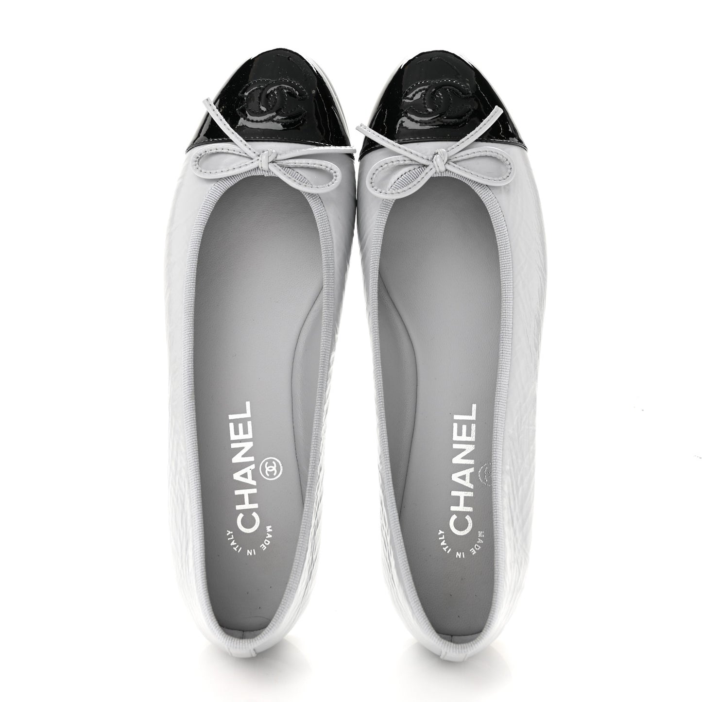 Shiny Crumpled Calfskin Patent CC Cap Toe Ballerina Flats 39 Grey Black
