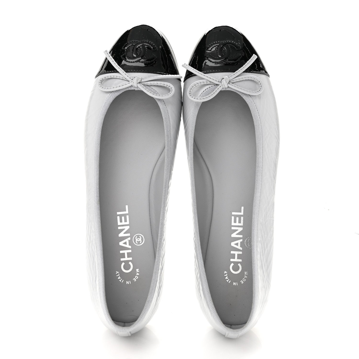 Chanel Shiny Crumpled Calfskin Patent CC Cap Toe Ballerina Flats 39 Grey Black 2 of 10