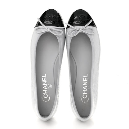 Chanel Shiny Crumpled Calfskin Patent CC Cap Toe Ballerina Flats 39 Grey Black 2 of 10