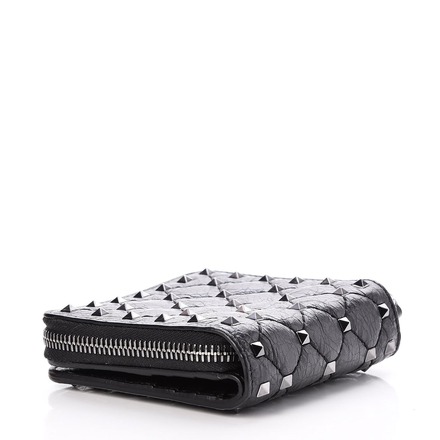 Craquele Nappa Rockstud Spike Compact Zip Around Wallet Black