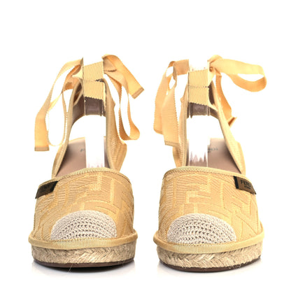 Fendi Rafia FF Embroidered Roma Ankle Wrap Espadrille Wedges 37 Natural 2 of 8