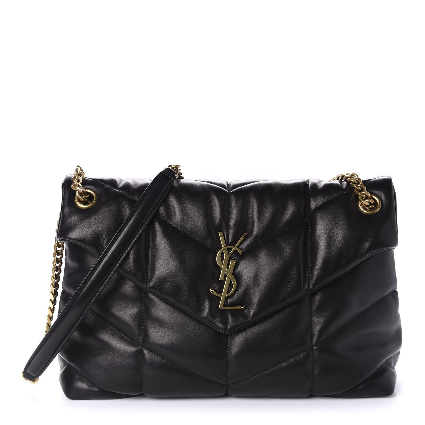 Lambskin Quilted Medium Loulou Puffer Monogram Chain Satchel Black
