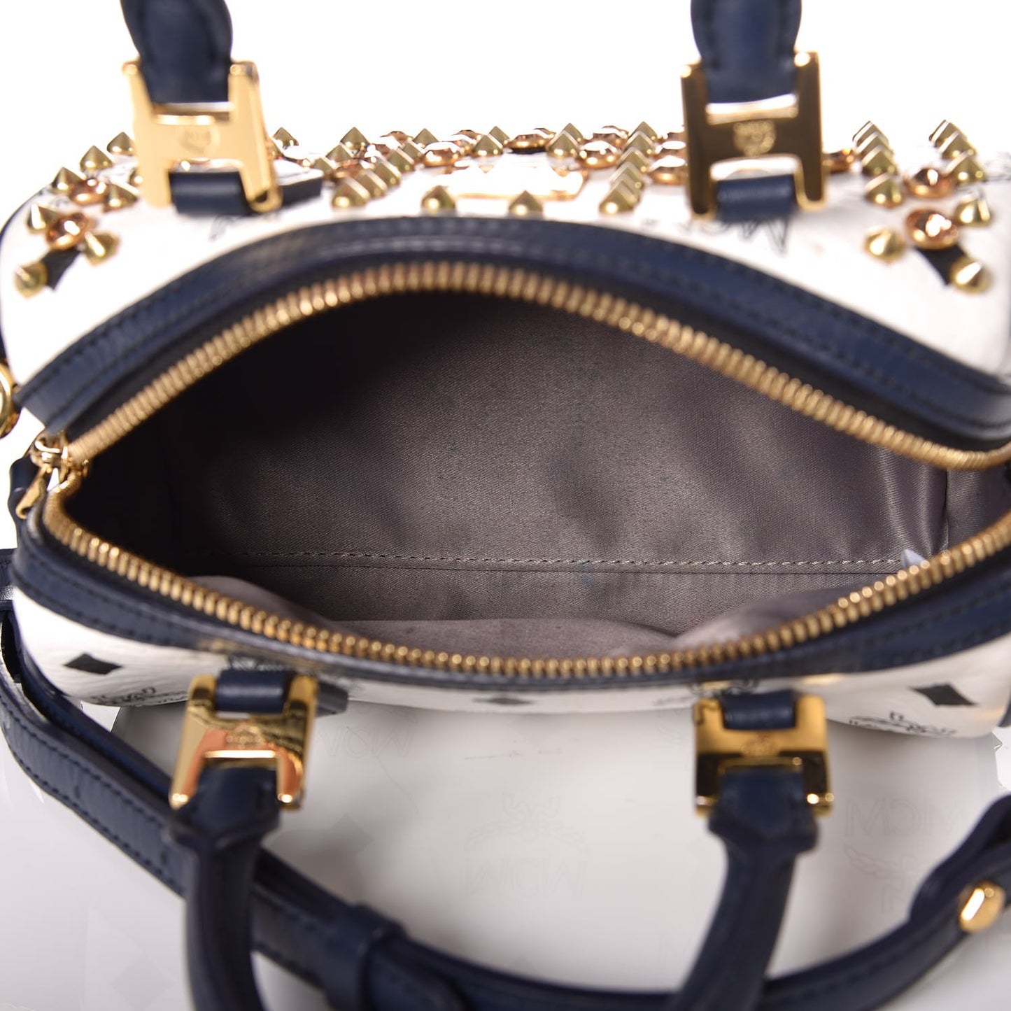 Visetos Studded Mini Boston Bag White Navy