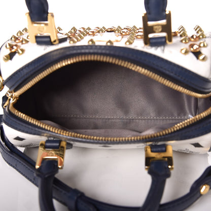 MCM Visetos Studded Mini Boston Bag White Navy 5 of 13