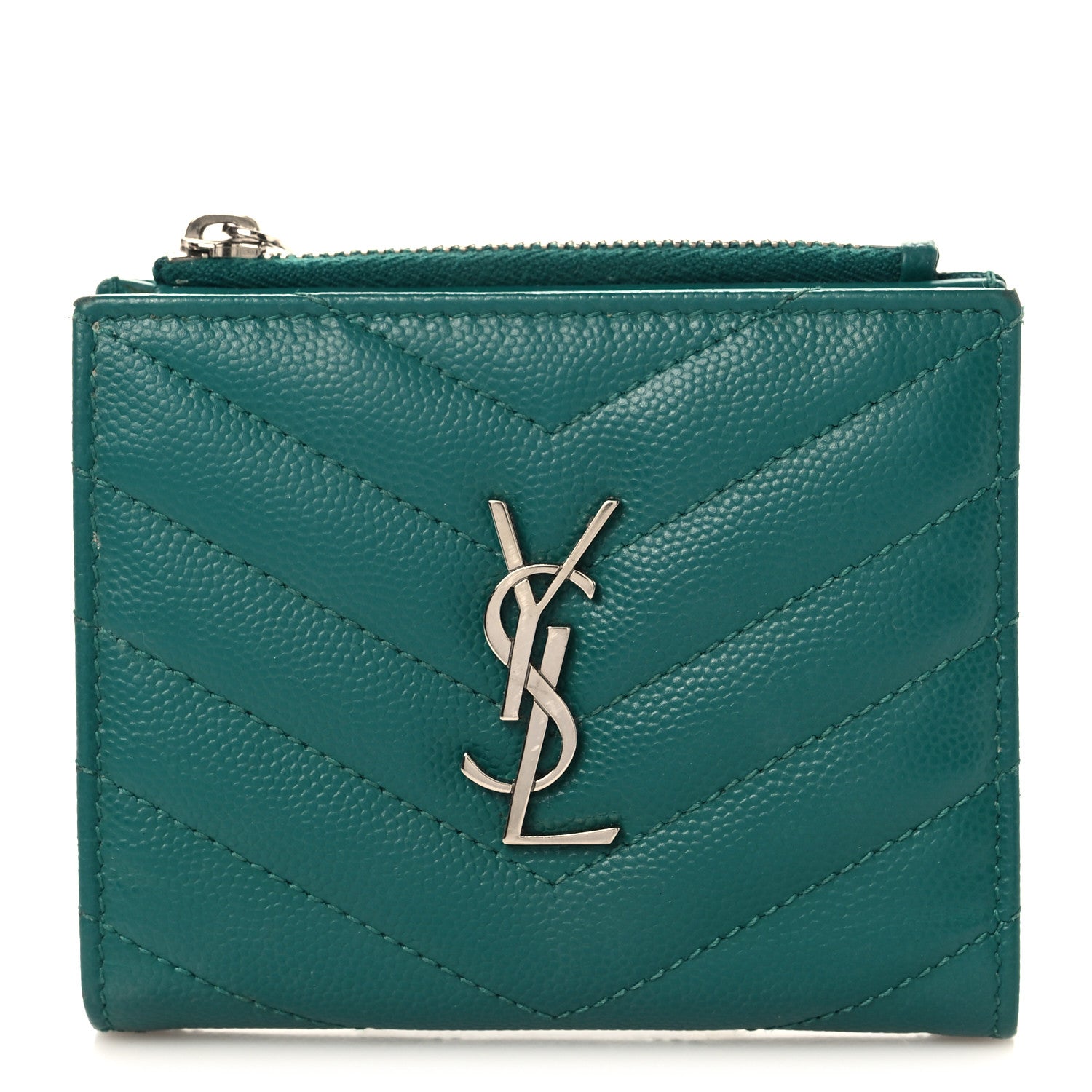 Saint Laurent Grain De Poudre Matelasse Chevron Monogram Zipped Card Case Malachite Green 1 of 6