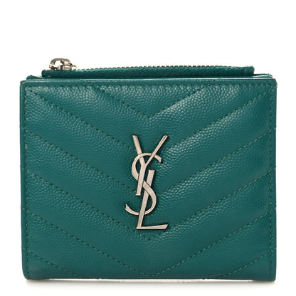 Saint Laurent Grain De Poudre Matelasse Chevron Monogram Zipped Card Case Malachite Green 1 of 6