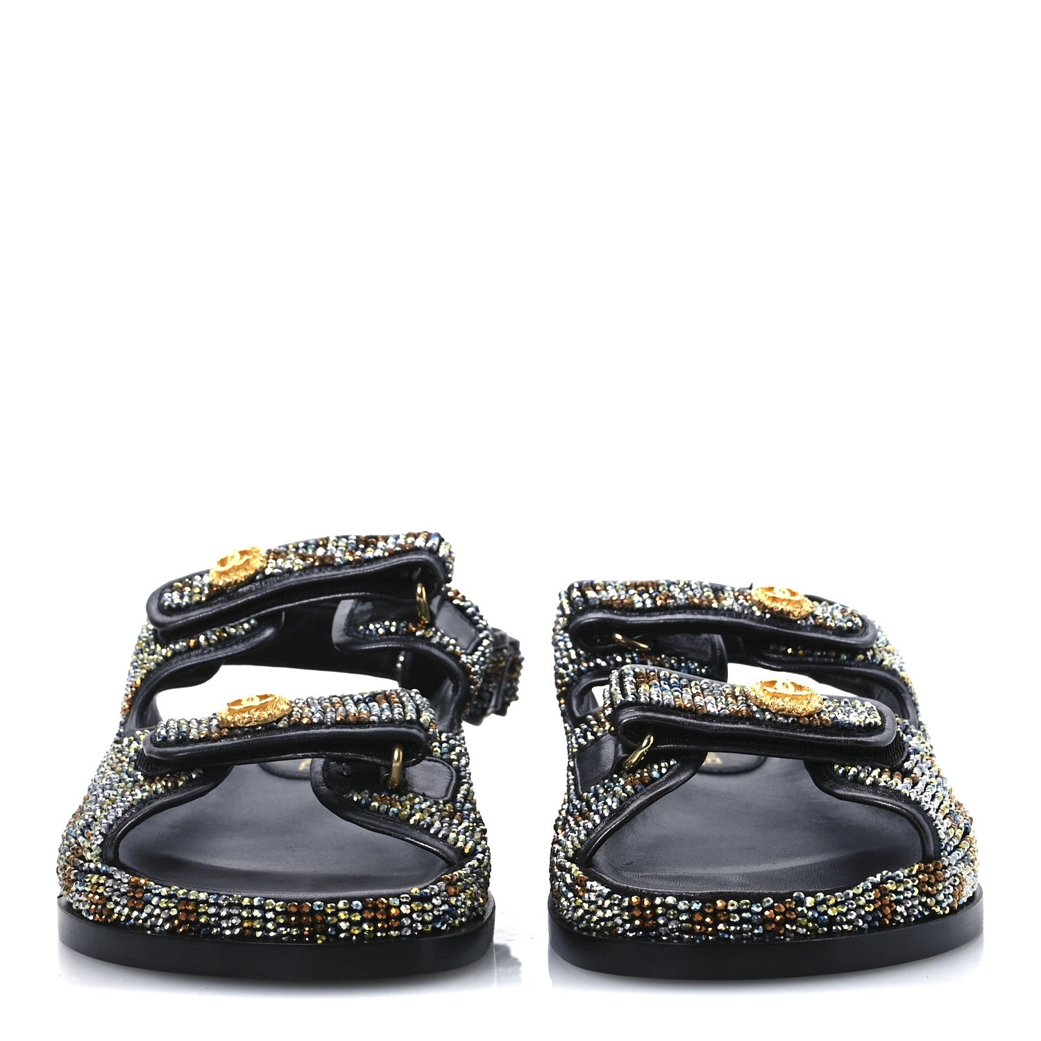 Chanel Grained Calfskin Crystal Velcro Dad Sandals 40 Black Multicolor 5 of 26