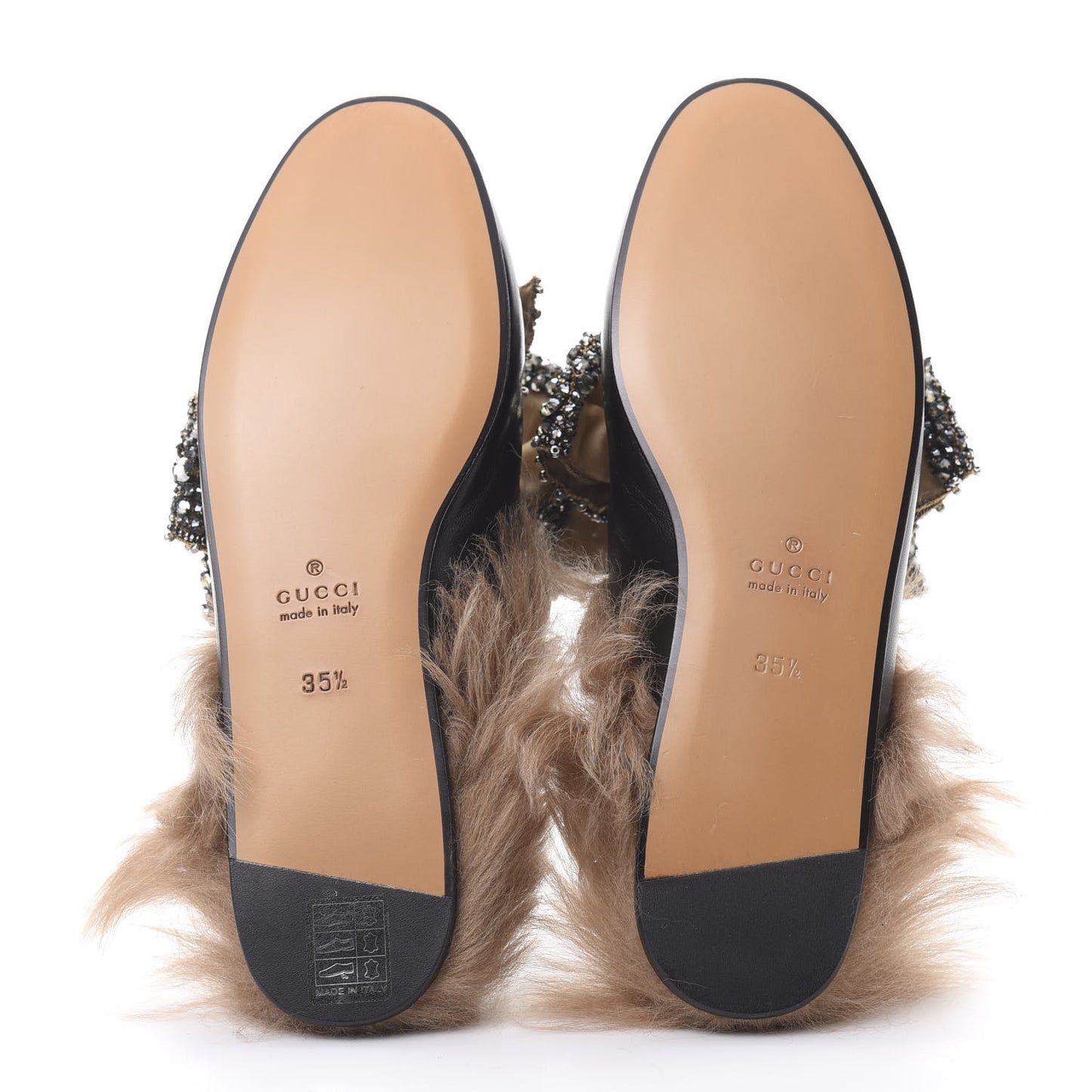 Malaga Kid Fur Crystal Bow Embroidered Womens Princetown Slippers 35.5 Black