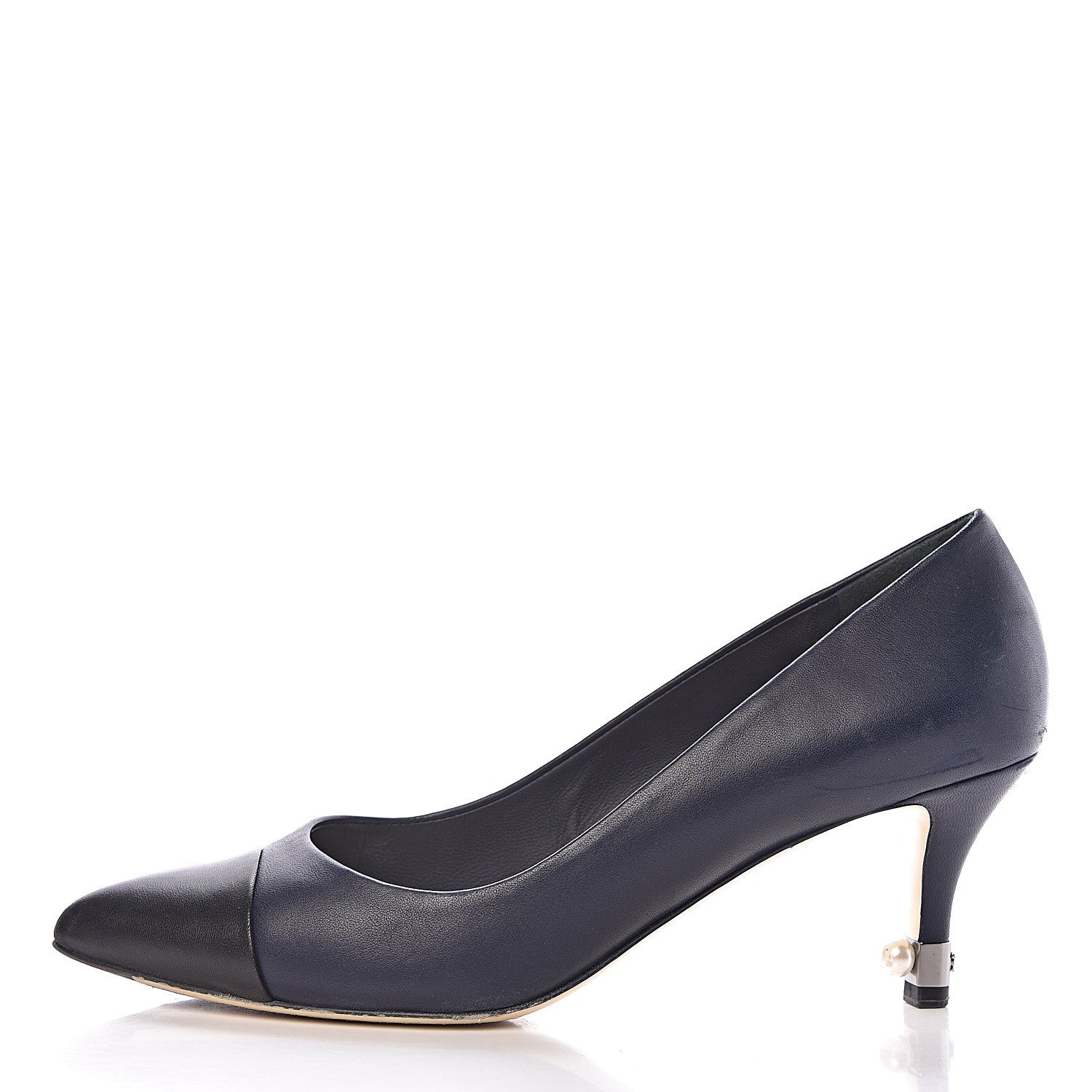 Chanel Lambskin Cap Toe Pearl Pumps 39 Navy Blue Black 1 of 12